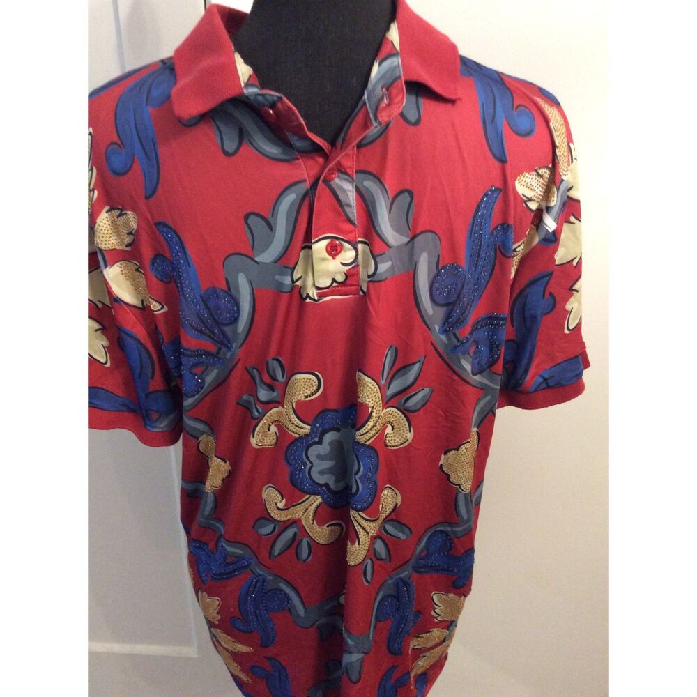 New NWT 98.00 Platini Medium Men's Burgandy Floral Rhinestone Polo Shirt